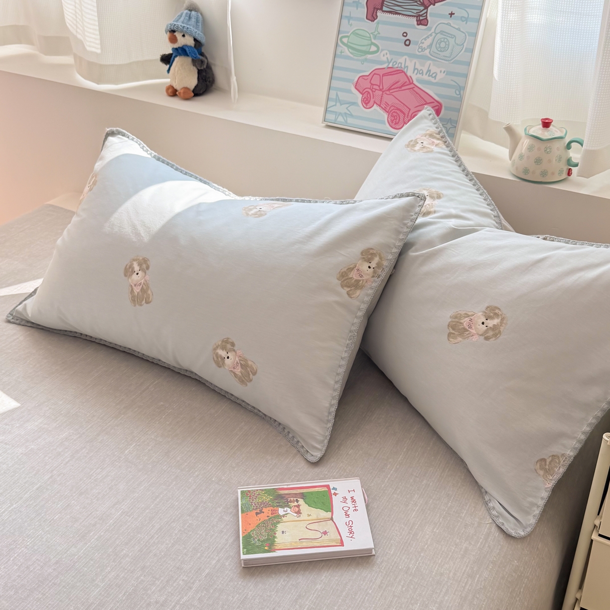 91家纺网 家纺一手货源 找家纺 女子家纺 2026新款贝壳边三角针12868全棉纯棉四件套 Nice狗狗-兰