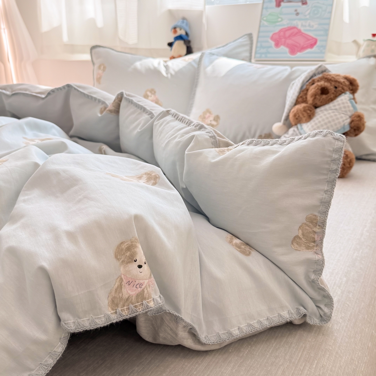 91家纺网 家纺一手货源 找家纺 女子家纺 2026新款贝壳边三角针12868全棉纯棉四件套 Nice狗狗-兰