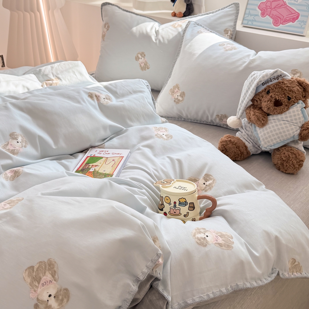 91家纺网 家纺一手货源 找家纺 女子家纺 2026新款贝壳边三角针12868全棉纯棉四件套 Nice狗狗-兰