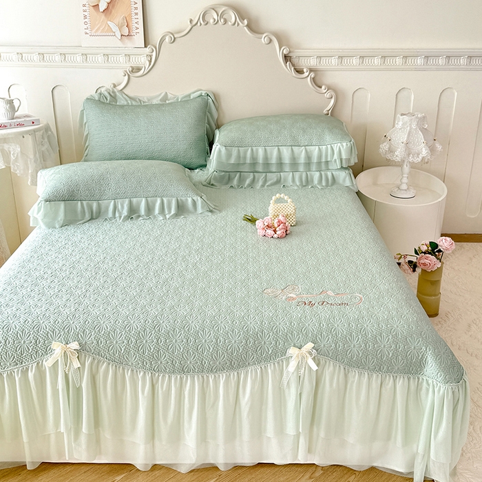 91家纺网 家纺一手货源 找家纺 （总）苏米娜家纺SUMINA 2026新款PE高分子弯边工艺双层花边床裙款凉席三件套-梦幻