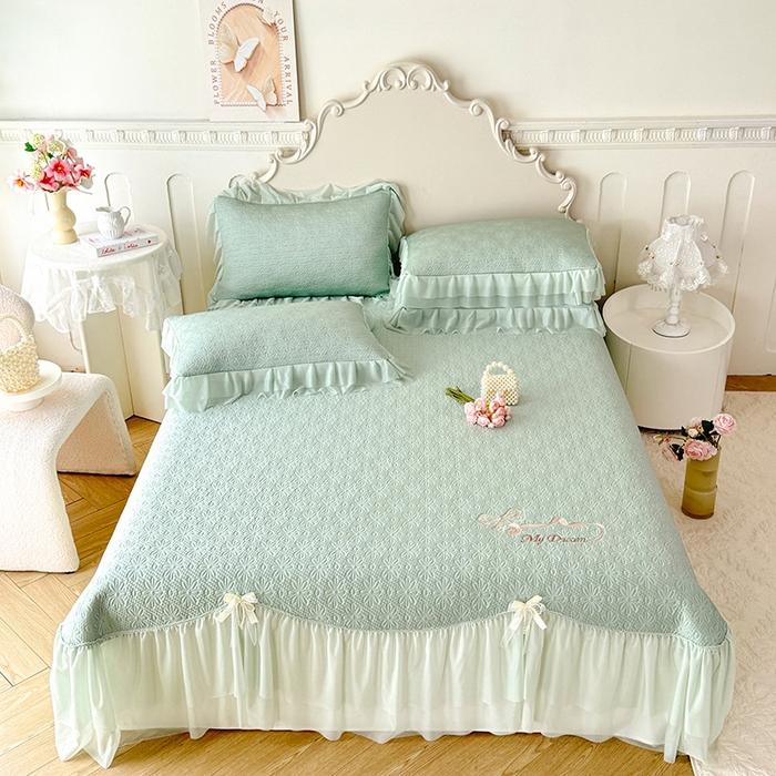 91家纺网 家纺一手货源 找家纺 苏米娜家纺SUMINA 2026新款PE高分子弯边工艺双层花边床裙款凉席三件套-梦幻 梦幻-清新绿