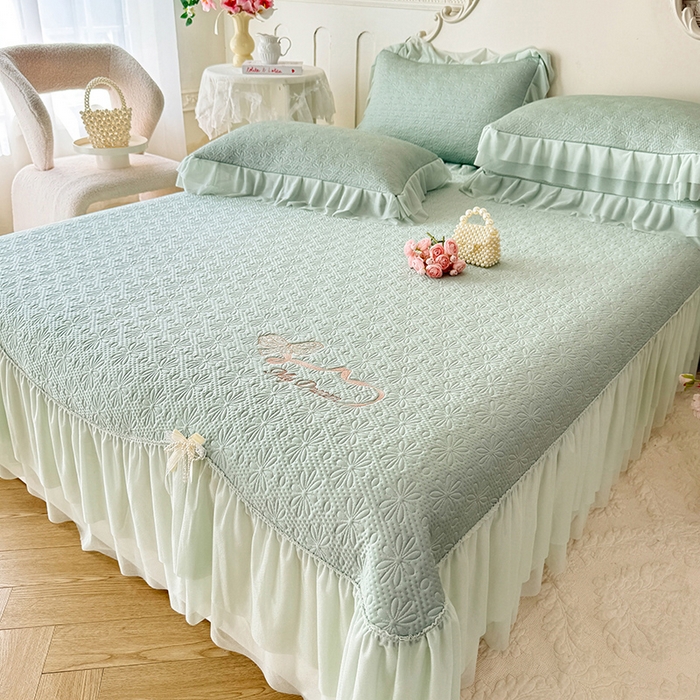 91家纺网 家纺一手货源 找家纺 苏米娜家纺SUMINA 2026新款PE高分子弯边工艺双层花边床裙款凉席三件套-梦幻 梦幻-清新绿