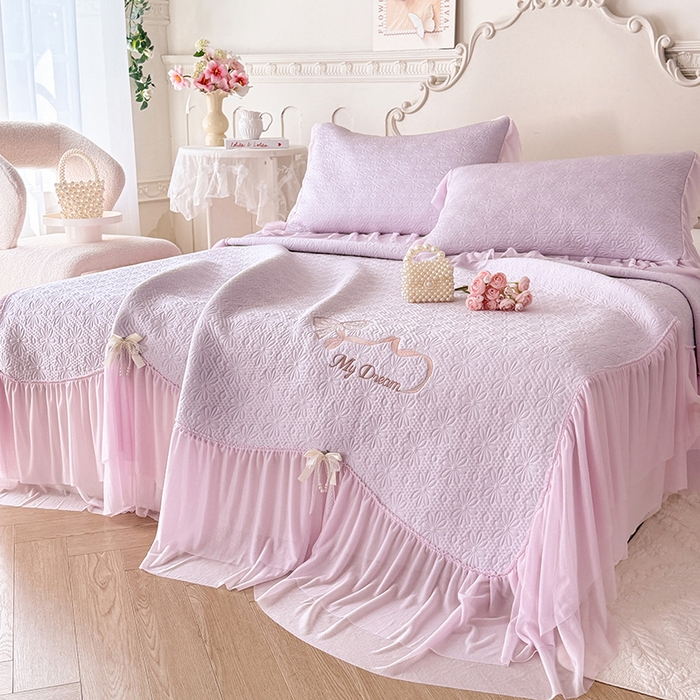 91家纺网 家纺一手货源 找家纺 苏米娜家纺SUMINA 2026新款PE高分子弯边工艺双层花边床裙款凉席三件套-梦幻 梦幻-星云紫