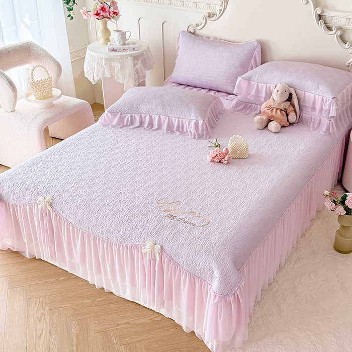 91家纺网 家纺一手货源 找家纺 苏米娜家纺SUMINA 2026新款PE高分子弯边工艺双层花边床裙款凉席三件套-梦幻 梦幻-星云紫