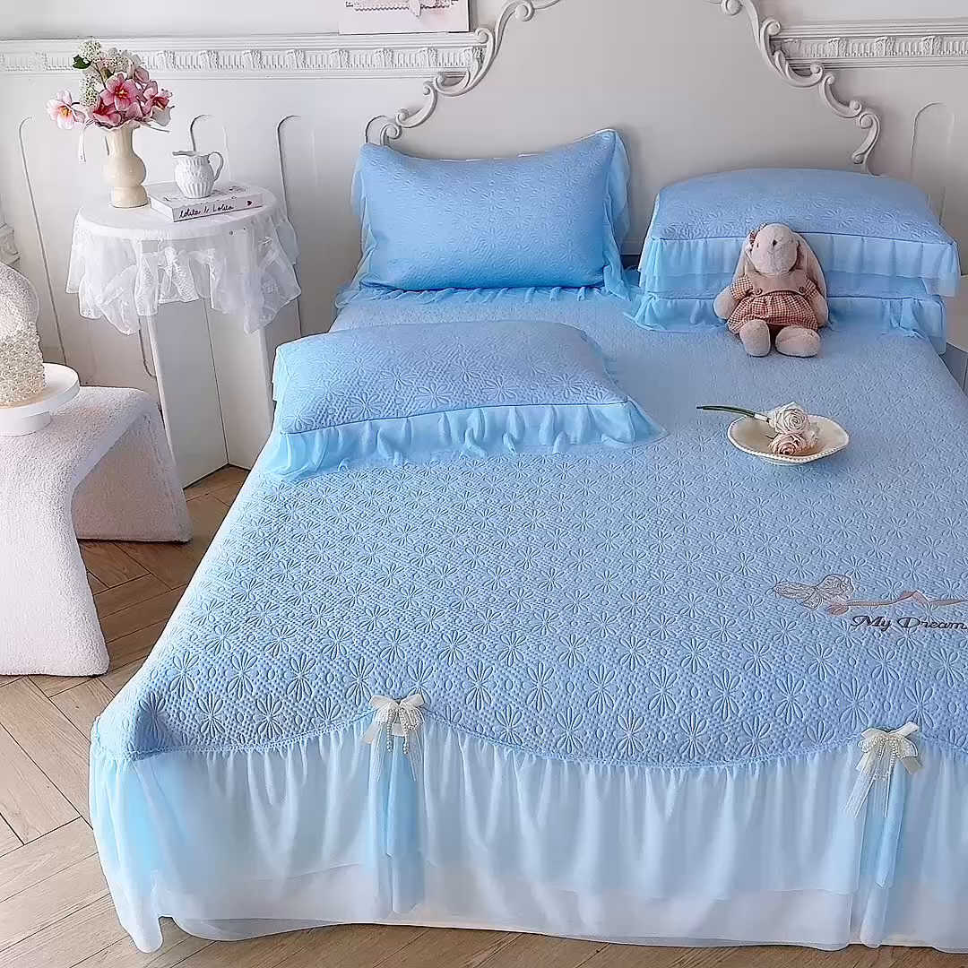 91家纺网 家纺一手货源 找家纺 苏米娜家纺SUMINA 2026新款PE高分子弯边工艺双层花边床裙款凉席三件套-梦幻 梦幻-兰屿