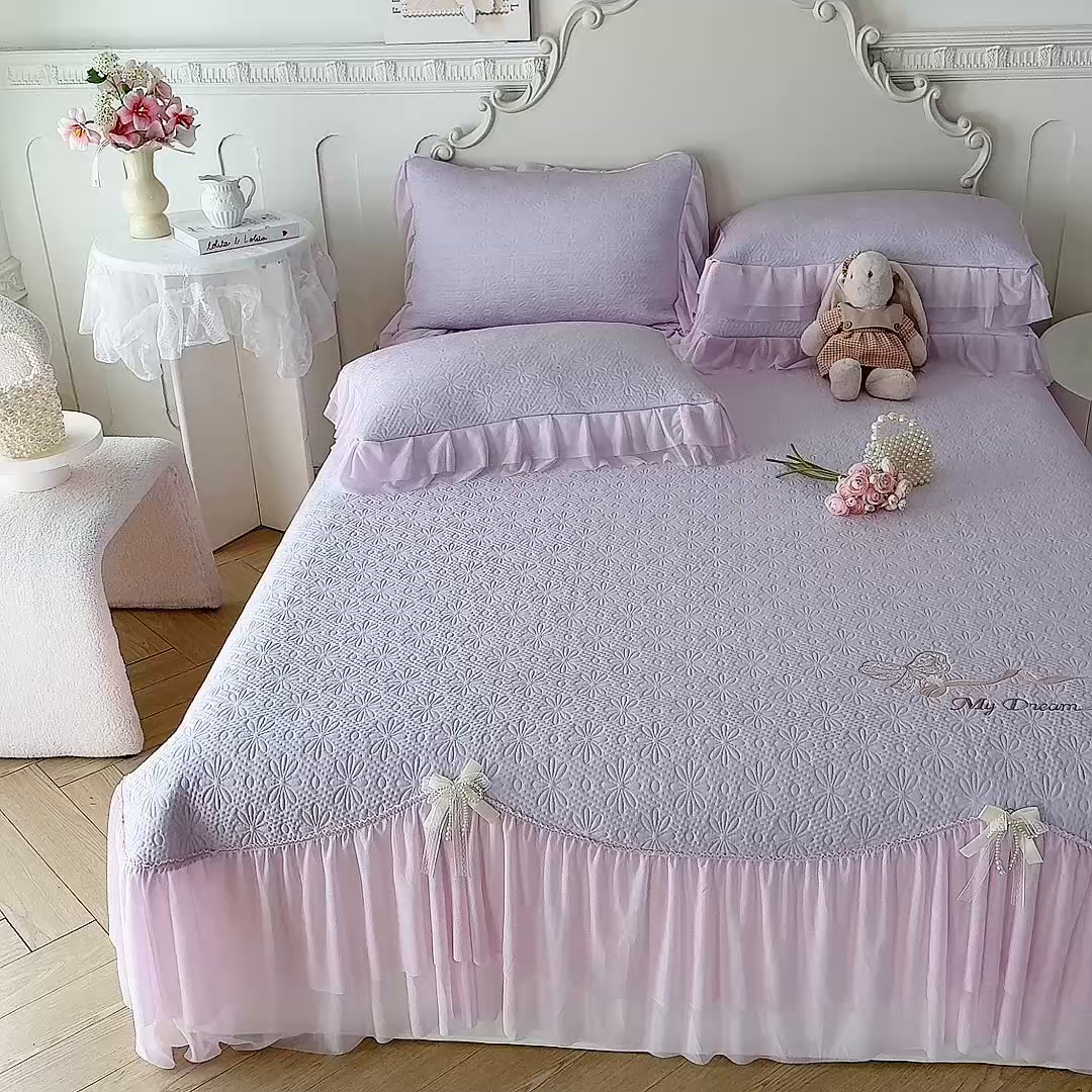 91家纺网 家纺一手货源 找家纺 苏米娜家纺SUMINA 2026新款PE高分子弯边工艺双层花边床裙款凉席三件套-梦幻 梦幻-星云紫