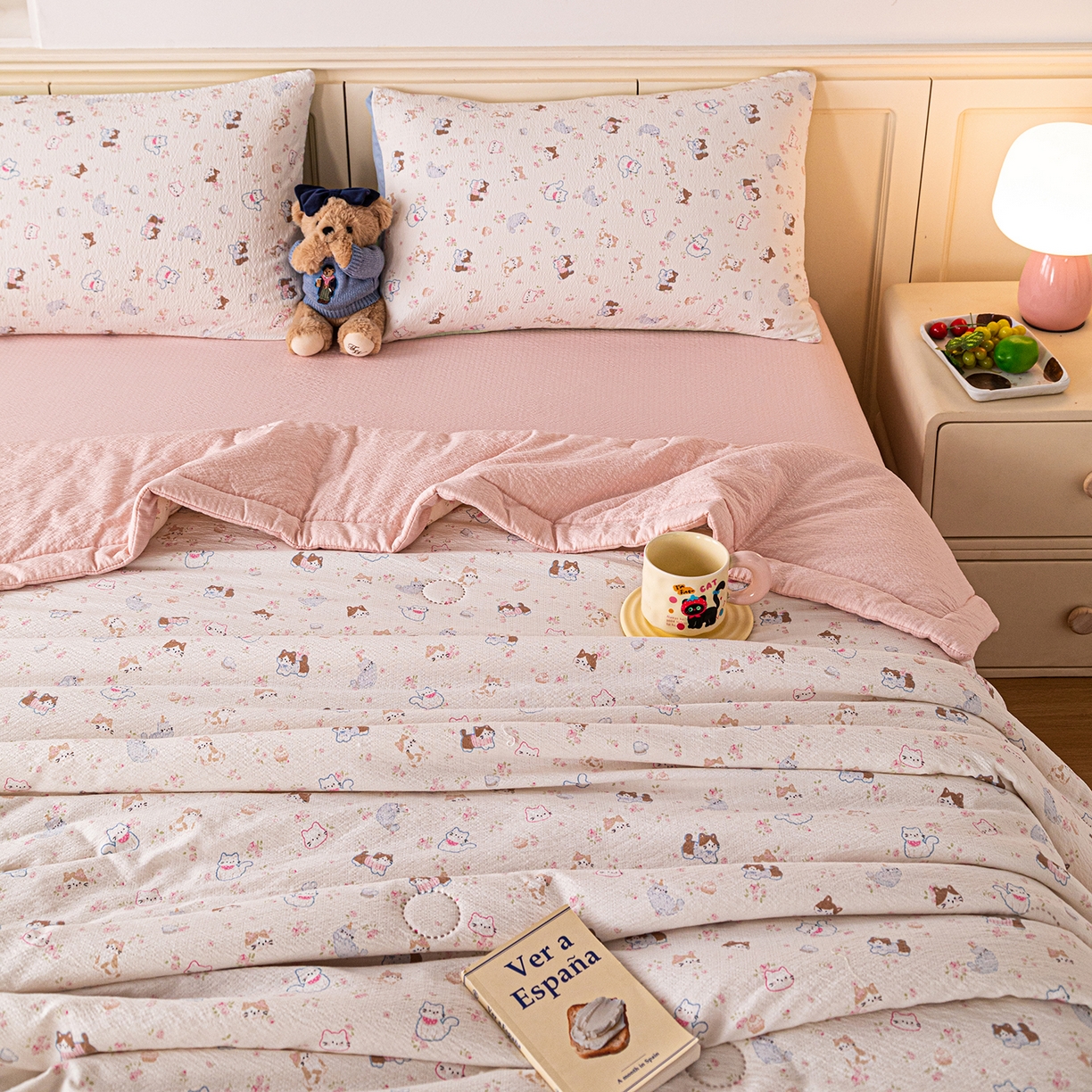 91家纺网 家纺一手货源 找家纺 （总）几禾 2026新款A类云感双层纱夏被木棉皱皱纱棉花被小清新印花夏被夏凉被费尔岛空调被