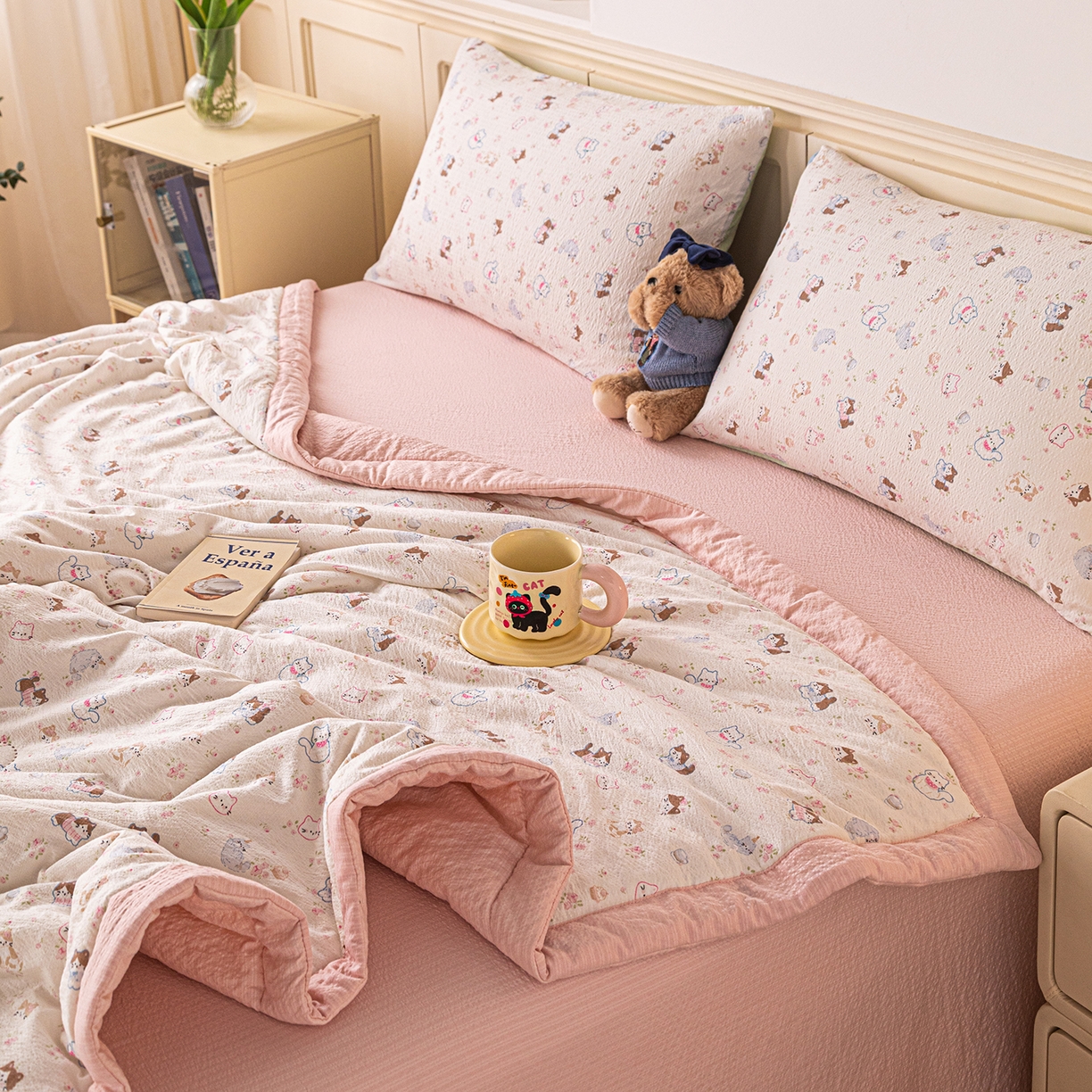 91家纺网 家纺一手货源 找家纺 （总）几禾 2026新款A类云感双层纱夏被木棉皱皱纱棉花被小清新印花夏被夏凉被费尔岛空调被