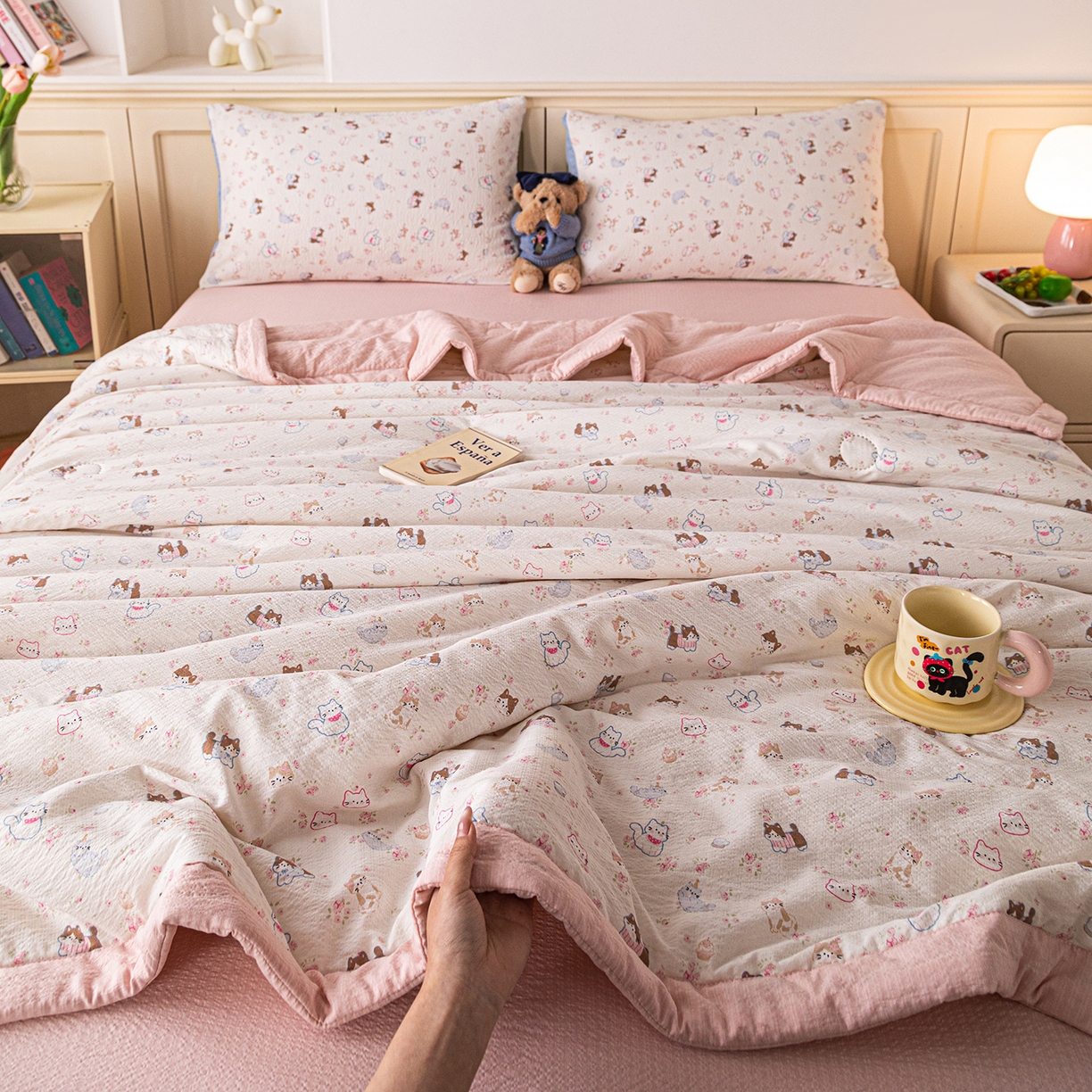 91家纺网 家纺一手货源 找家纺 （总）几禾 2026新款A类云感双层纱夏被木棉皱皱纱棉花被小清新印花夏被夏凉被费尔岛空调被