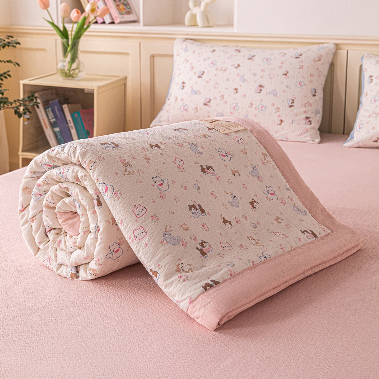 91家纺网 家纺一手货源 找家纺 （总）几禾 2026新款A类云感双层纱夏被木棉皱皱纱棉花被小清新印花夏被夏凉被费尔岛空调被