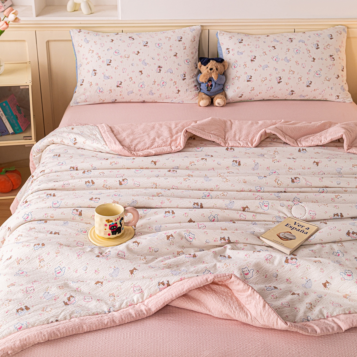 91家纺网 家纺一手货源 找家纺 （总）几禾 2026新款A类云感双层纱夏被木棉皱皱纱棉花被小清新印花夏被夏凉被费尔岛空调被