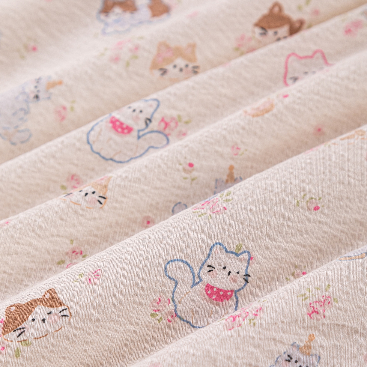 91家纺网 家纺一手货源 找家纺 几禾 2026新款A类云感双层纱夏被木棉皱皱纱棉花被小清新印花夏被夏凉被费尔岛空调被 奔跑猫