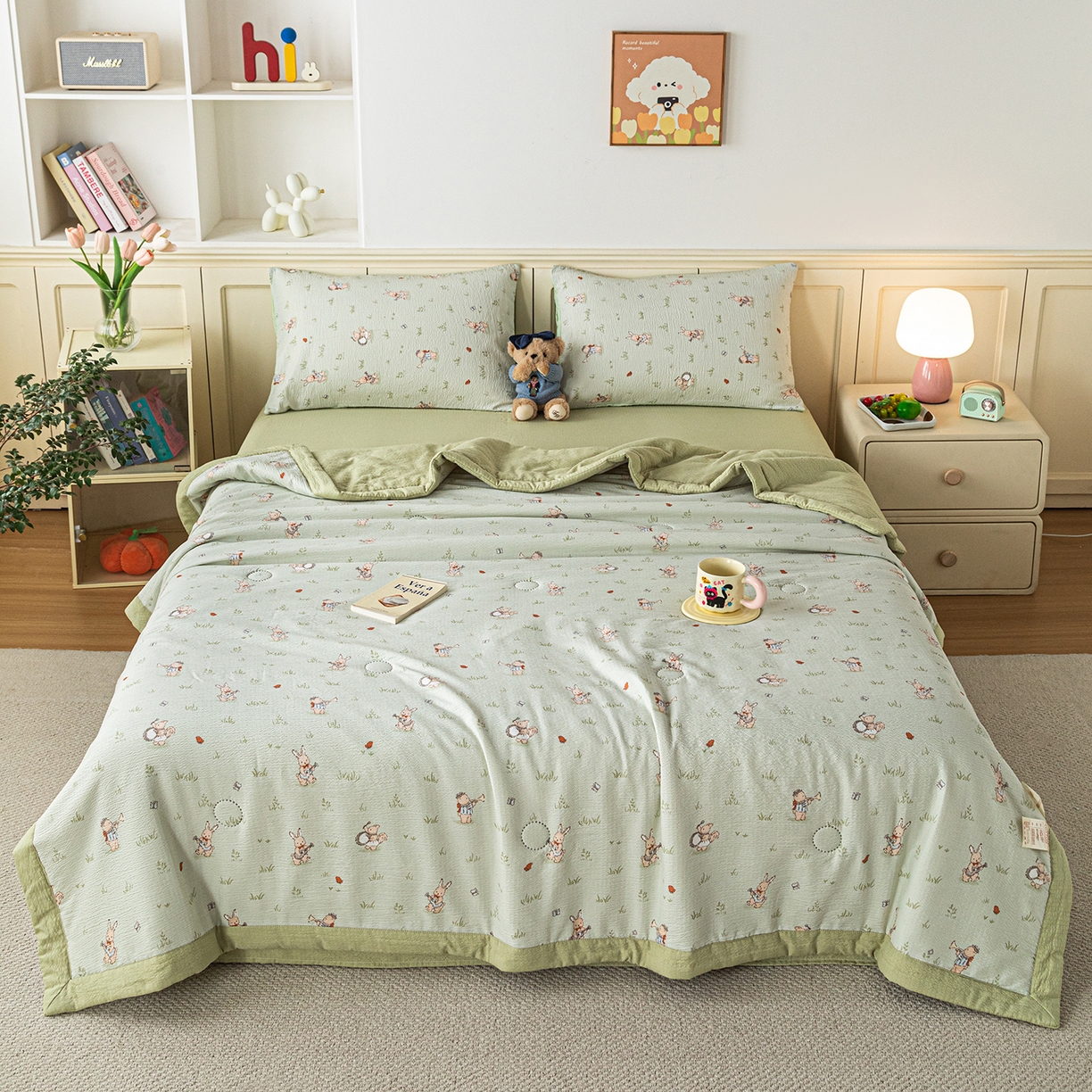 91家纺网 家纺一手货源 找家纺 几禾 2026新款A类云感双层纱夏被木棉皱皱纱棉花被小清新印花夏被夏凉被费尔岛空调被 兔子乐队