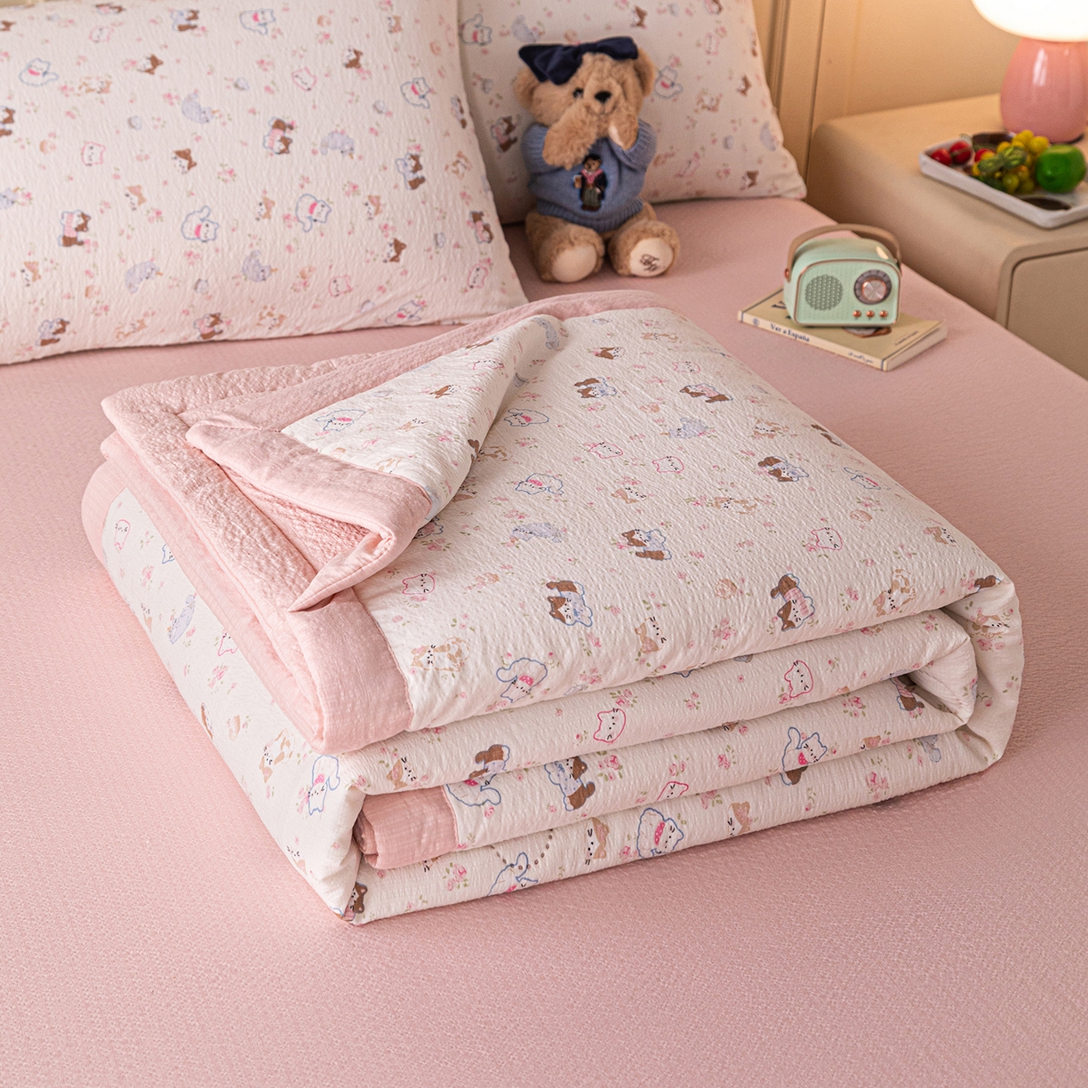 91家纺网 家纺一手货源 找家纺 几禾 2026新款A类云感双层纱夏被木棉皱皱纱棉花被小清新印花夏被夏凉被费尔岛空调被 奔跑猫