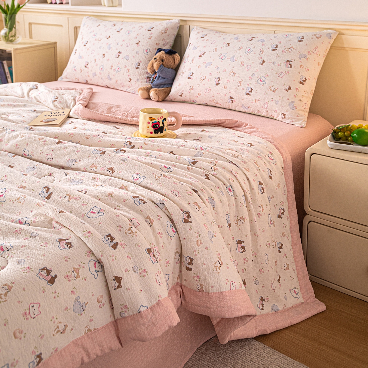 91家纺网 家纺一手货源 找家纺 几禾 2026新款A类云感双层纱夏被木棉皱皱纱棉花被小清新印花夏被夏凉被费尔岛空调被 奔跑猫