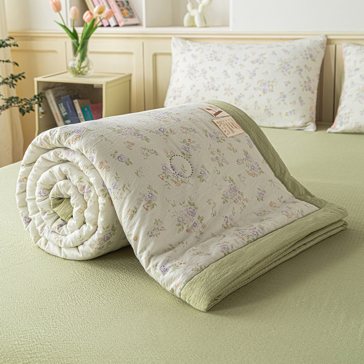 91家纺网 家纺一手货源 找家纺 几禾 2026新款A类云感双层纱夏被木棉皱皱纱棉花被小清新印花夏被夏凉被费尔岛空调被 挽歌