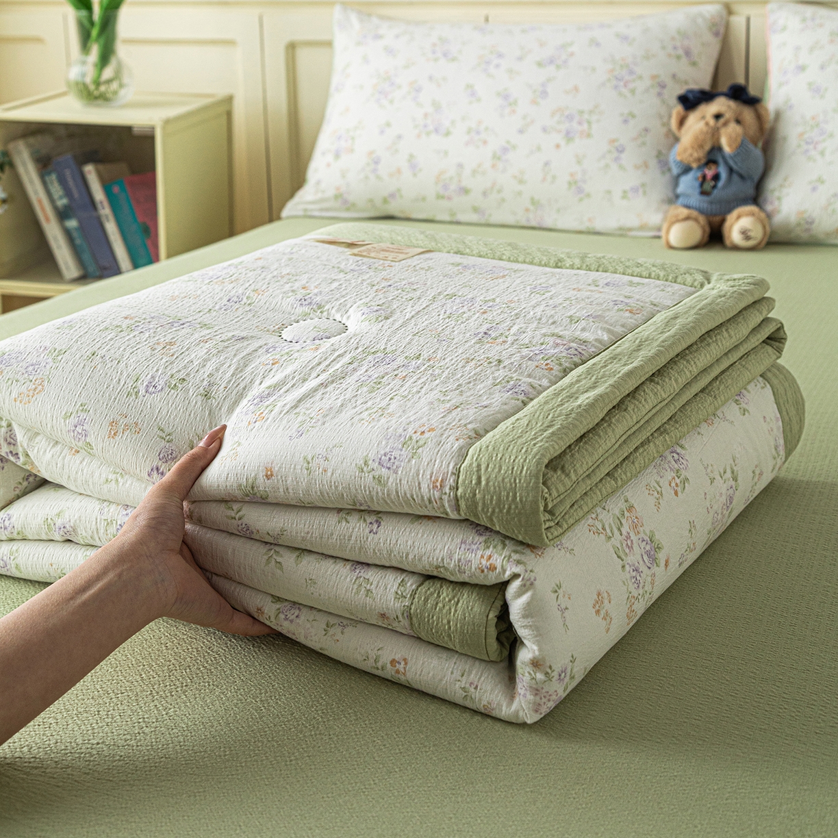 91家纺网 家纺一手货源 找家纺 几禾 2026新款A类云感双层纱夏被木棉皱皱纱棉花被小清新印花夏被夏凉被费尔岛空调被 挽歌