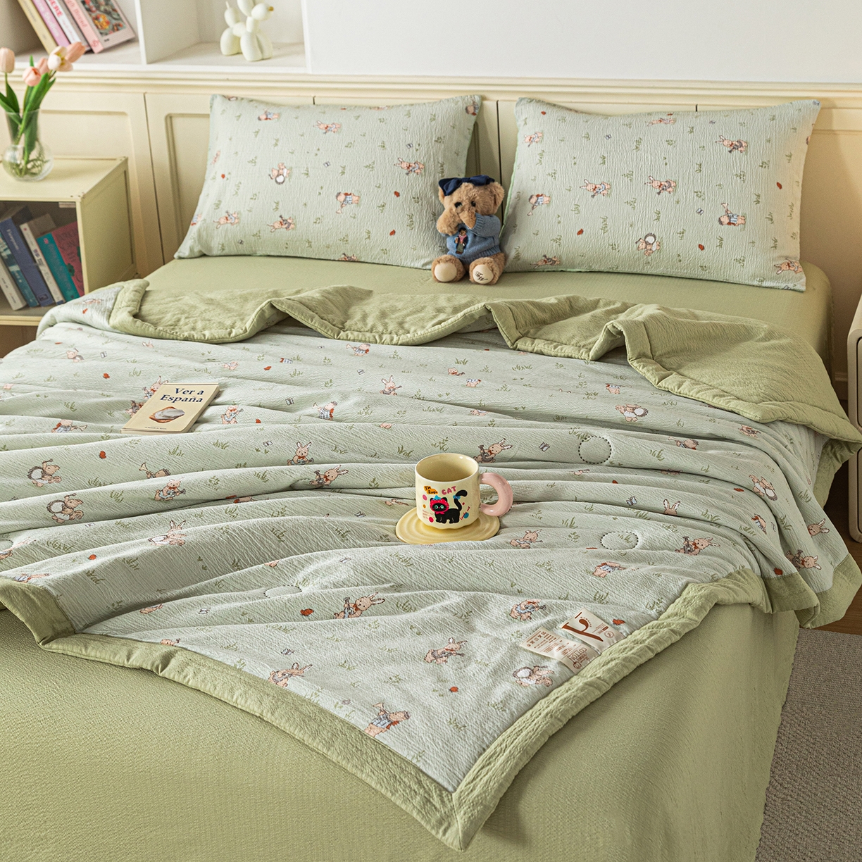 91家纺网 家纺一手货源 找家纺 几禾 2026新款A类云感双层纱夏被木棉皱皱纱棉花被小清新印花夏被夏凉被费尔岛空调被 兔子乐队