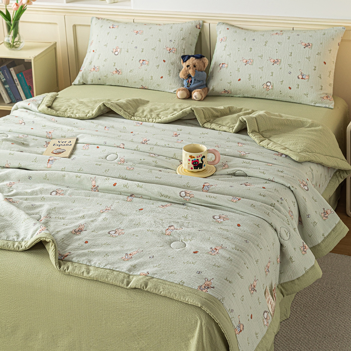 91家纺网 家纺一手货源 找家纺 几禾 2026新款A类云感双层纱夏被木棉皱皱纱棉花被小清新印花夏被夏凉被费尔岛空调被 兔子乐队