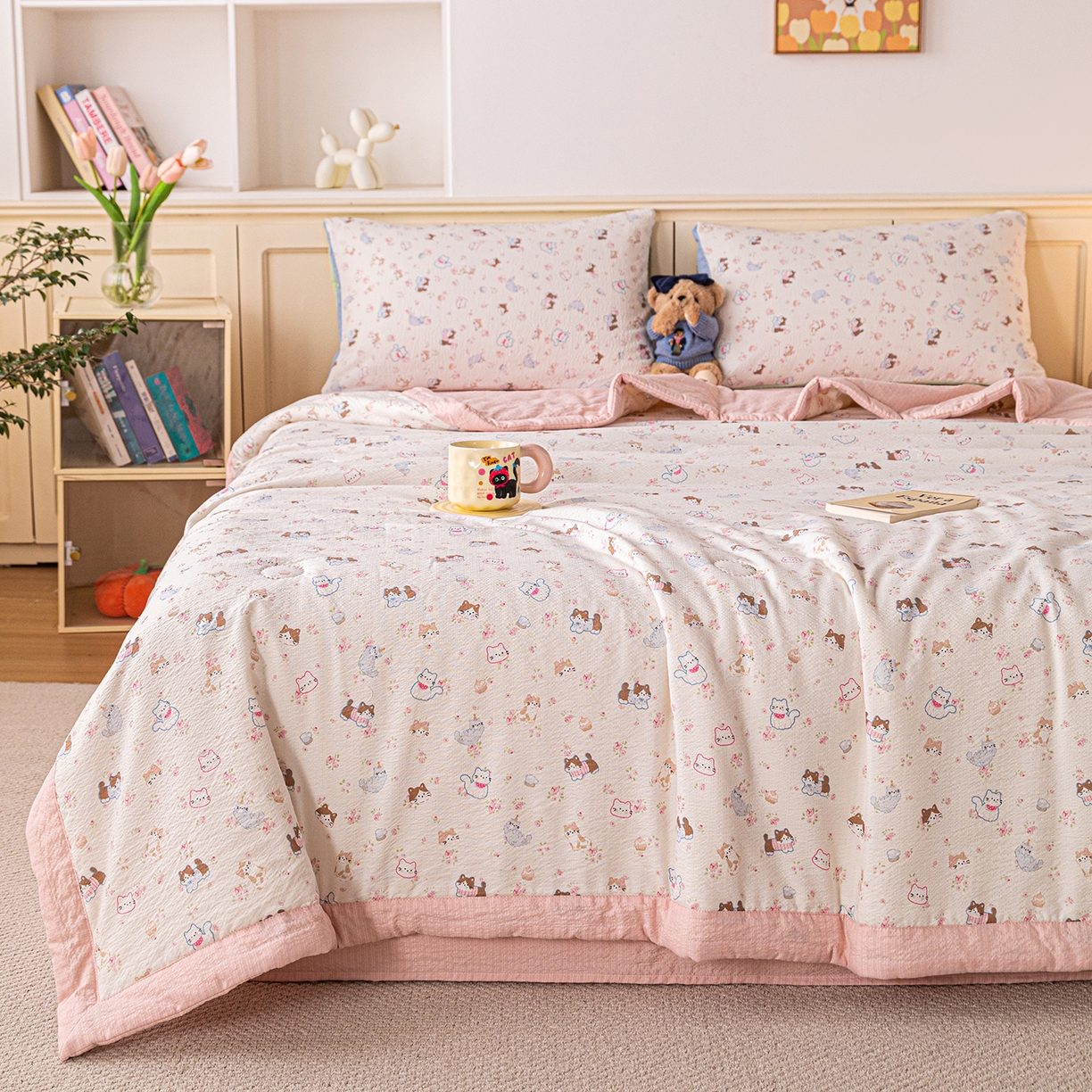 91家纺网 家纺一手货源 找家纺 几禾 2026新款A类云感双层纱夏被木棉皱皱纱棉花被小清新印花夏被夏凉被费尔岛空调被 奔跑猫