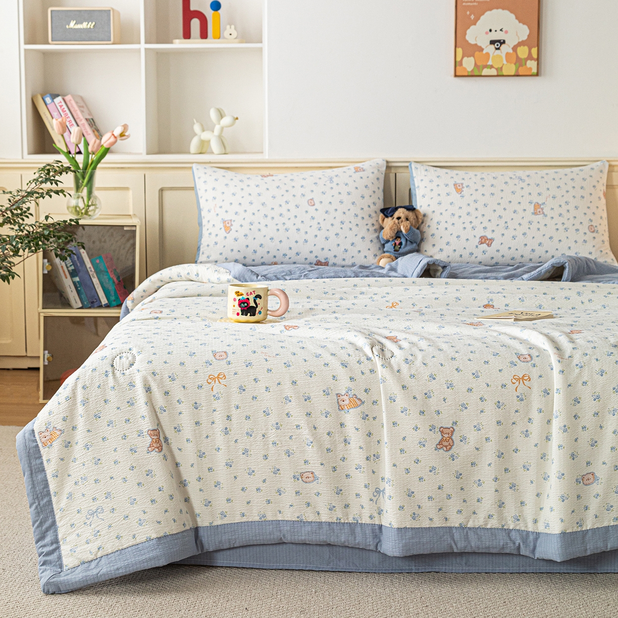 91家纺网 家纺一手货源 找家纺 几禾 2026新款A类云感双层纱夏被木棉皱皱纱棉花被小清新印花夏被夏凉被费尔岛空调被 顽皮熊蓝