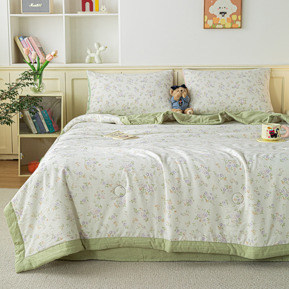 91家纺网 家纺一手货源 找家纺 几禾 2026新款A类云感双层纱夏被木棉皱皱纱棉花被小清新印花夏被夏凉被费尔岛空调被 挽歌