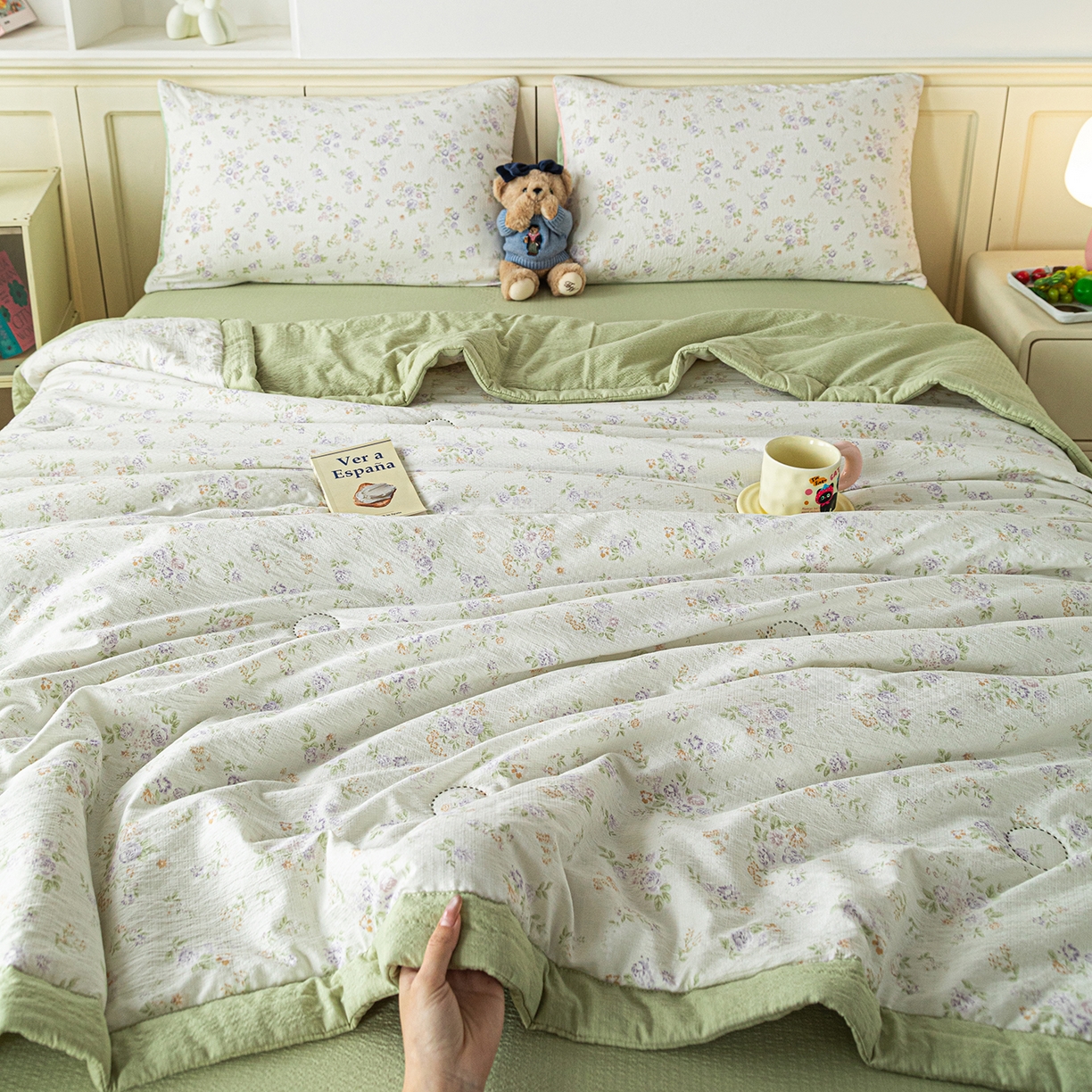 91家纺网 家纺一手货源 找家纺 几禾 2026新款A类云感双层纱夏被木棉皱皱纱棉花被小清新印花夏被夏凉被费尔岛空调被 挽歌