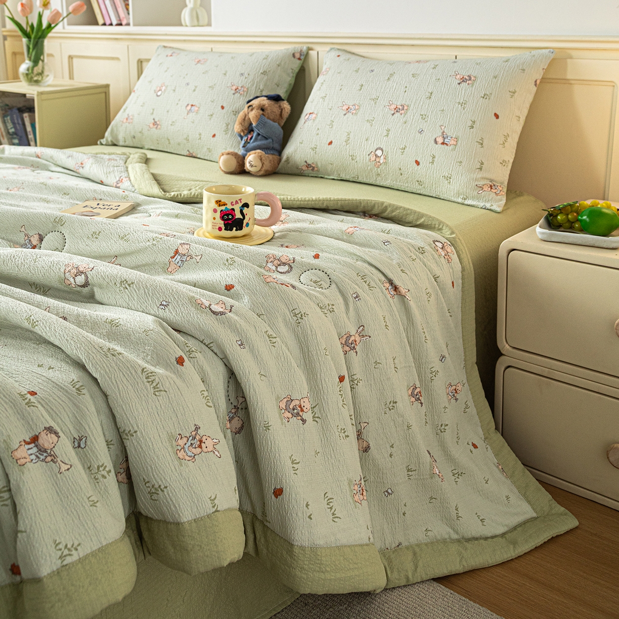 91家纺网 家纺一手货源 找家纺 几禾 2026新款A类云感双层纱夏被木棉皱皱纱棉花被小清新印花夏被夏凉被费尔岛空调被 兔子乐队