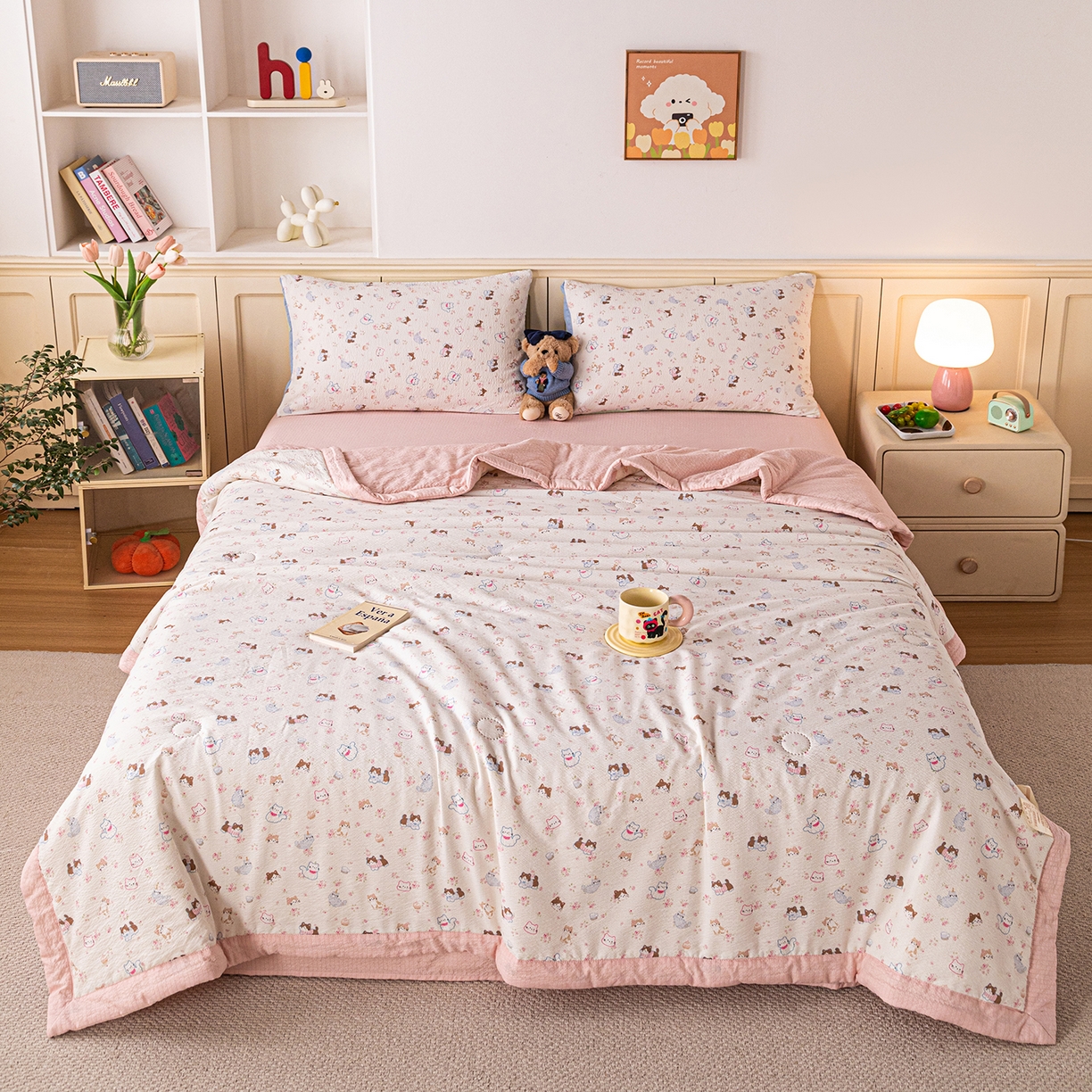 91家纺网 家纺一手货源 找家纺 几禾 2026新款A类云感双层纱夏被木棉皱皱纱棉花被小清新印花夏被夏凉被费尔岛空调被 奔跑猫