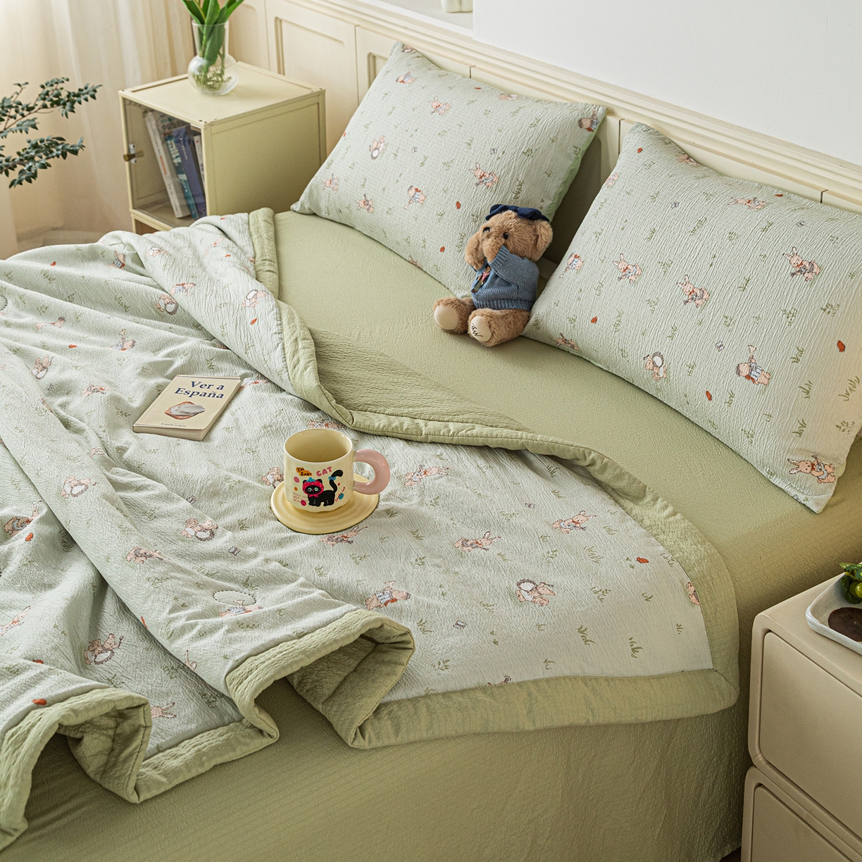 91家纺网 家纺一手货源 找家纺 几禾 2026新款A类云感双层纱夏被木棉皱皱纱棉花被小清新印花夏被夏凉被费尔岛空调被 兔子乐队