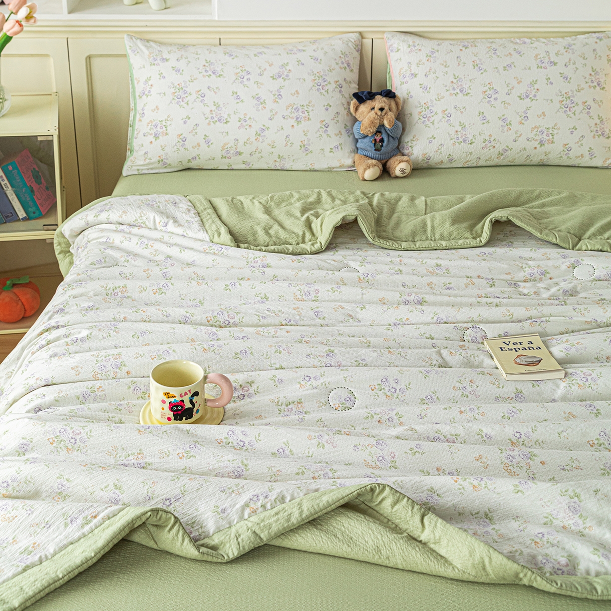 91家纺网 家纺一手货源 找家纺 几禾 2026新款A类云感双层纱夏被木棉皱皱纱棉花被小清新印花夏被夏凉被费尔岛空调被 挽歌