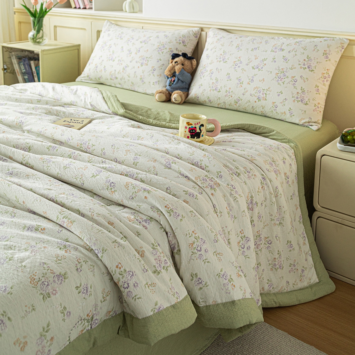 91家纺网 家纺一手货源 找家纺 几禾 2026新款A类云感双层纱夏被木棉皱皱纱棉花被小清新印花夏被夏凉被费尔岛空调被 挽歌