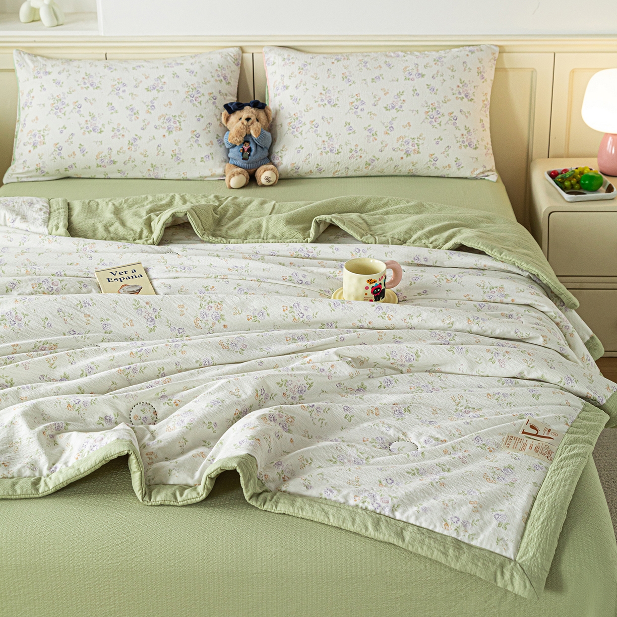 91家纺网 家纺一手货源 找家纺 几禾 2026新款A类云感双层纱夏被木棉皱皱纱棉花被小清新印花夏被夏凉被费尔岛空调被 挽歌