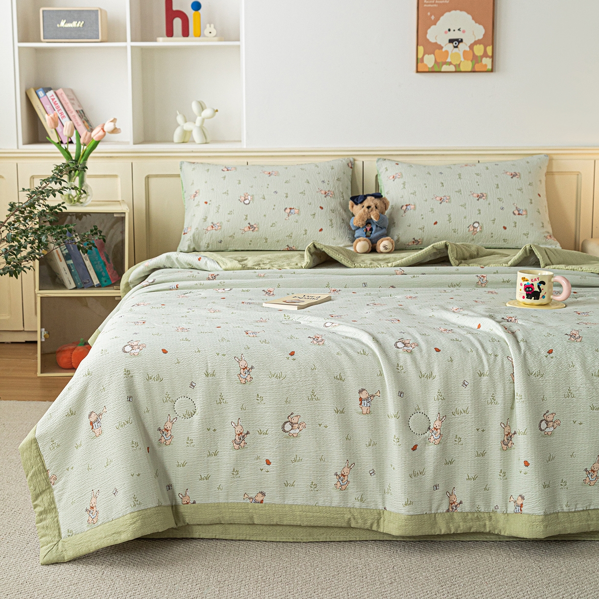 91家纺网 家纺一手货源 找家纺 几禾 2026新款A类云感双层纱夏被木棉皱皱纱棉花被小清新印花夏被夏凉被费尔岛空调被 兔子乐队