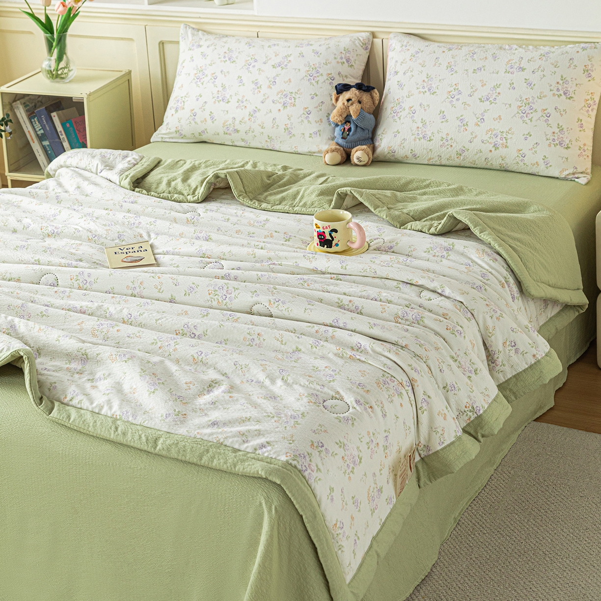 91家纺网 家纺一手货源 找家纺 几禾 2026新款A类云感双层纱夏被木棉皱皱纱棉花被小清新印花夏被夏凉被费尔岛空调被 挽歌