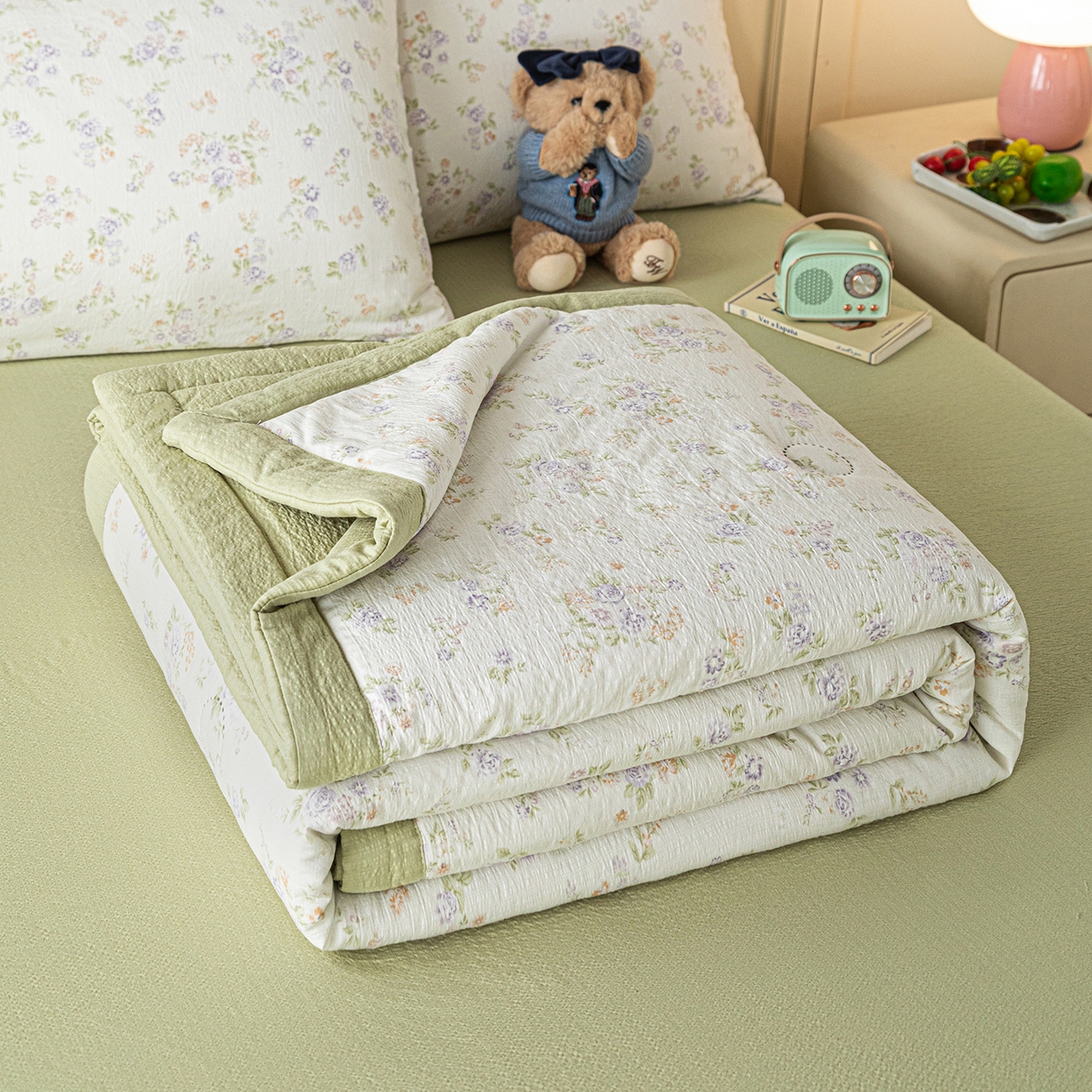 91家纺网 家纺一手货源 找家纺 几禾 2026新款A类云感双层纱夏被木棉皱皱纱棉花被小清新印花夏被夏凉被费尔岛空调被 挽歌