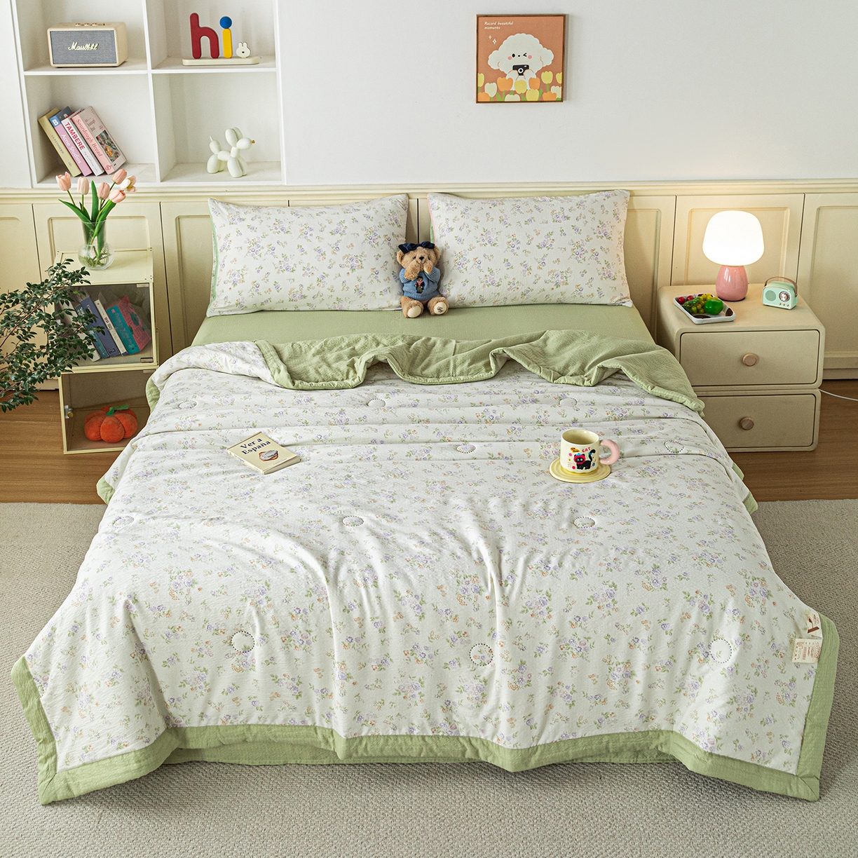 91家纺网 家纺一手货源 找家纺 几禾 2026新款A类云感双层纱夏被木棉皱皱纱棉花被小清新印花夏被夏凉被费尔岛空调被 挽歌