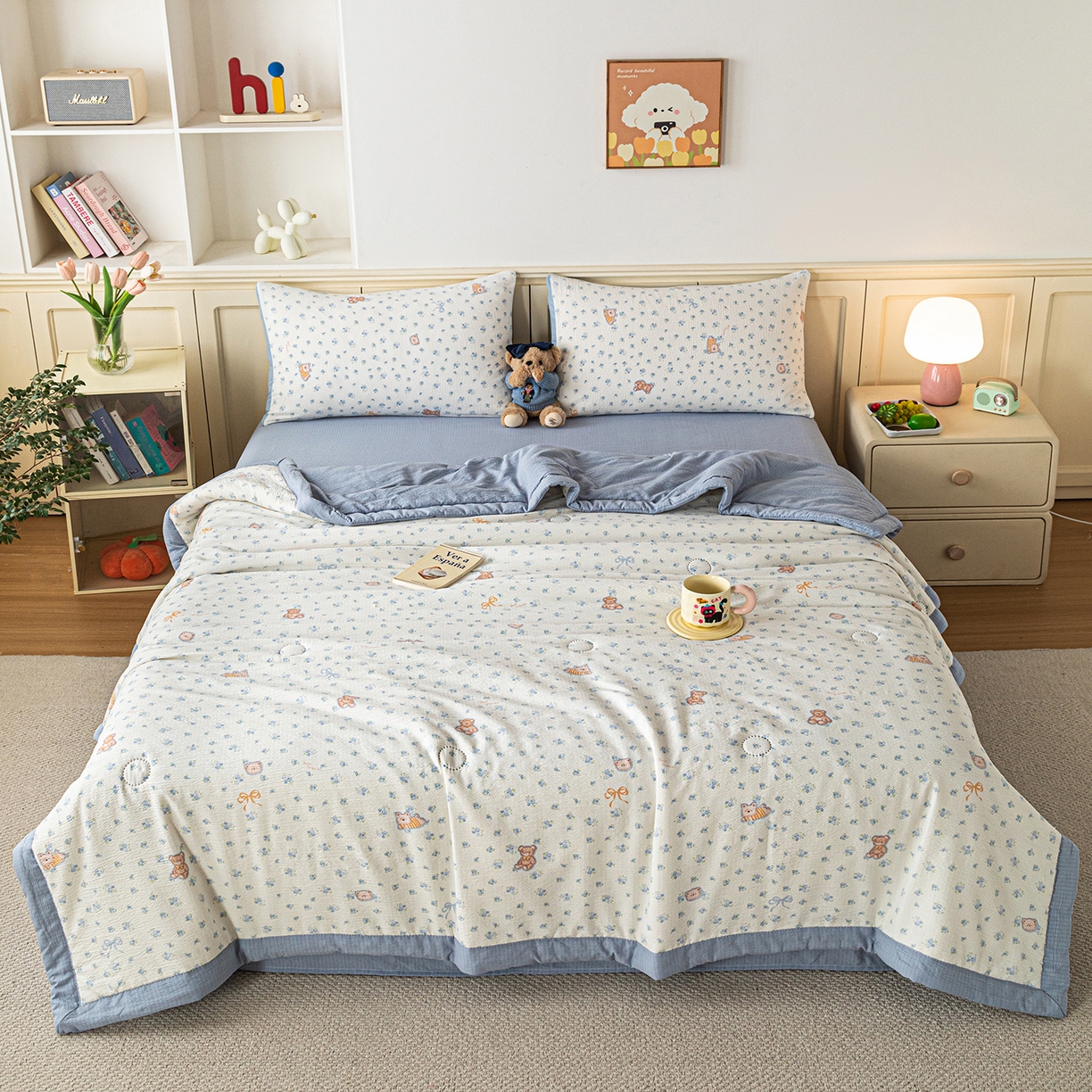 91家纺网 家纺一手货源 找家纺 几禾 2026新款A类云感双层纱夏被木棉皱皱纱棉花被小清新印花夏被夏凉被费尔岛空调被 顽皮熊蓝