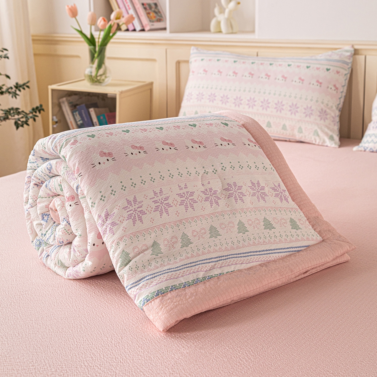 91家纺网 家纺一手货源 找家纺 几禾 2026新款A类云感双层纱夏被木棉皱皱纱棉花被小清新印花夏被夏凉被费尔岛空调被 猫趣