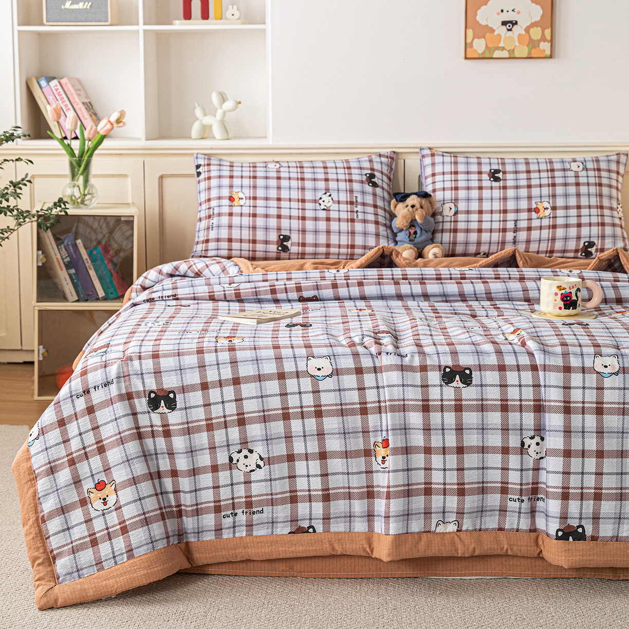 91家纺网 家纺一手货源 找家纺 几禾 2026新款A类云感双层纱夏被木棉皱皱纱棉花被小清新印花夏被夏凉被费尔岛空调被 可可小狗