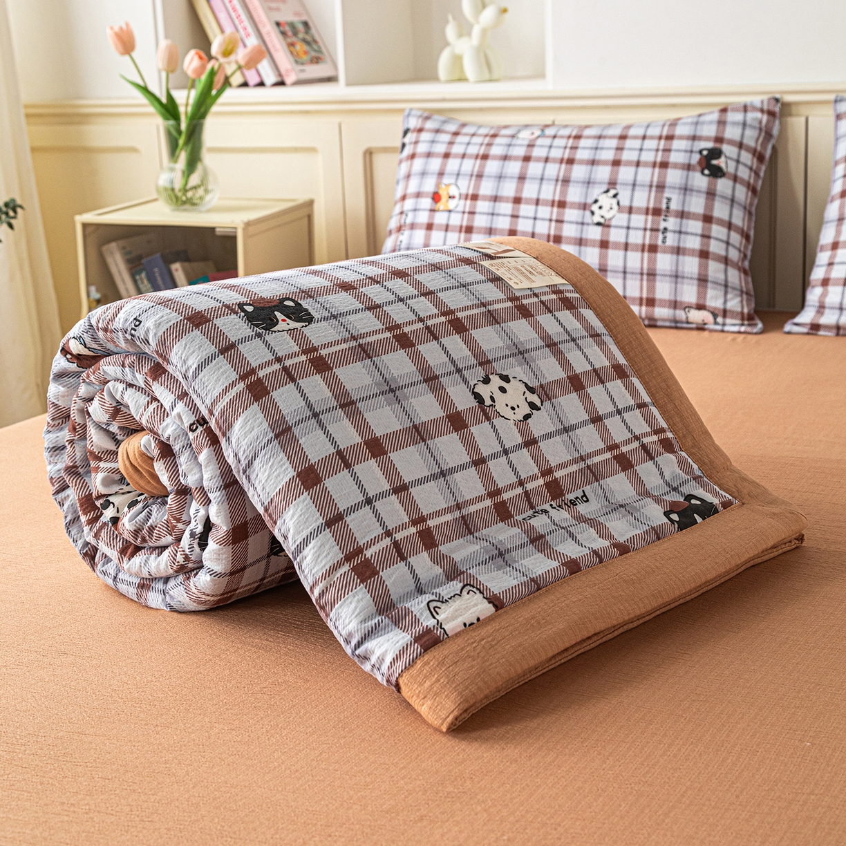 91家纺网 家纺一手货源 找家纺 几禾 2026新款A类云感双层纱夏被木棉皱皱纱棉花被小清新印花夏被夏凉被费尔岛空调被 可可小狗