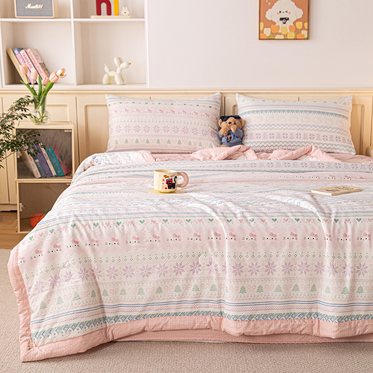 91家纺网 家纺一手货源 找家纺 几禾 2026新款A类云感双层纱夏被木棉皱皱纱棉花被小清新印花夏被夏凉被费尔岛空调被 猫趣