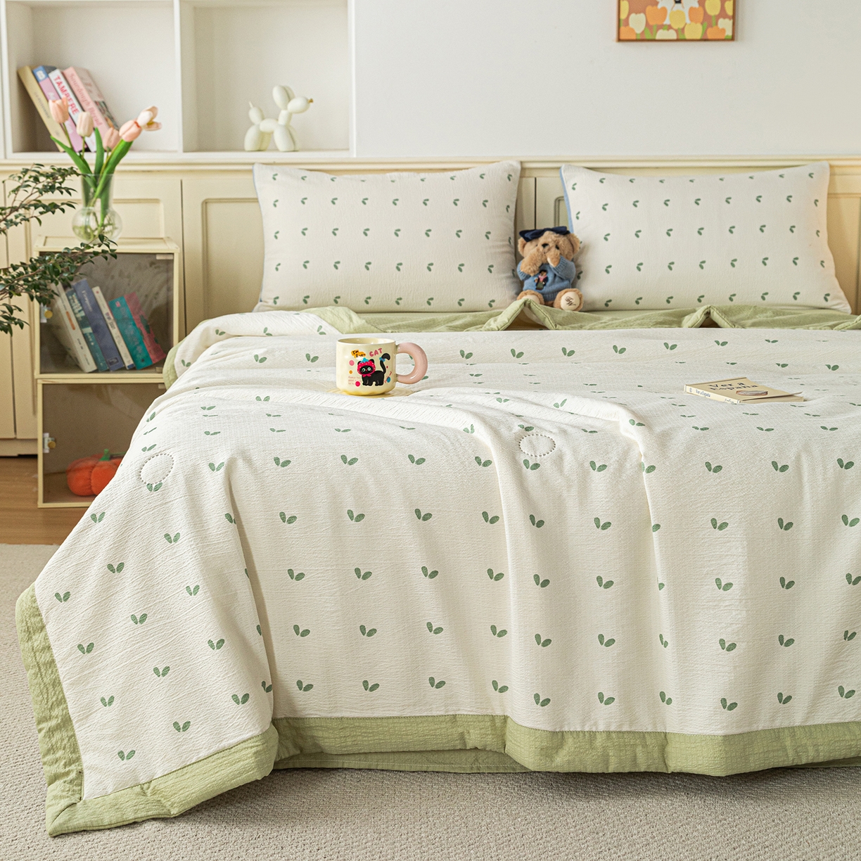 91家纺网 家纺一手货源 找家纺 几禾 2026新款A类云感双层纱夏被木棉皱皱纱棉花被小清新印花夏被夏凉被费尔岛空调被 嫩芽