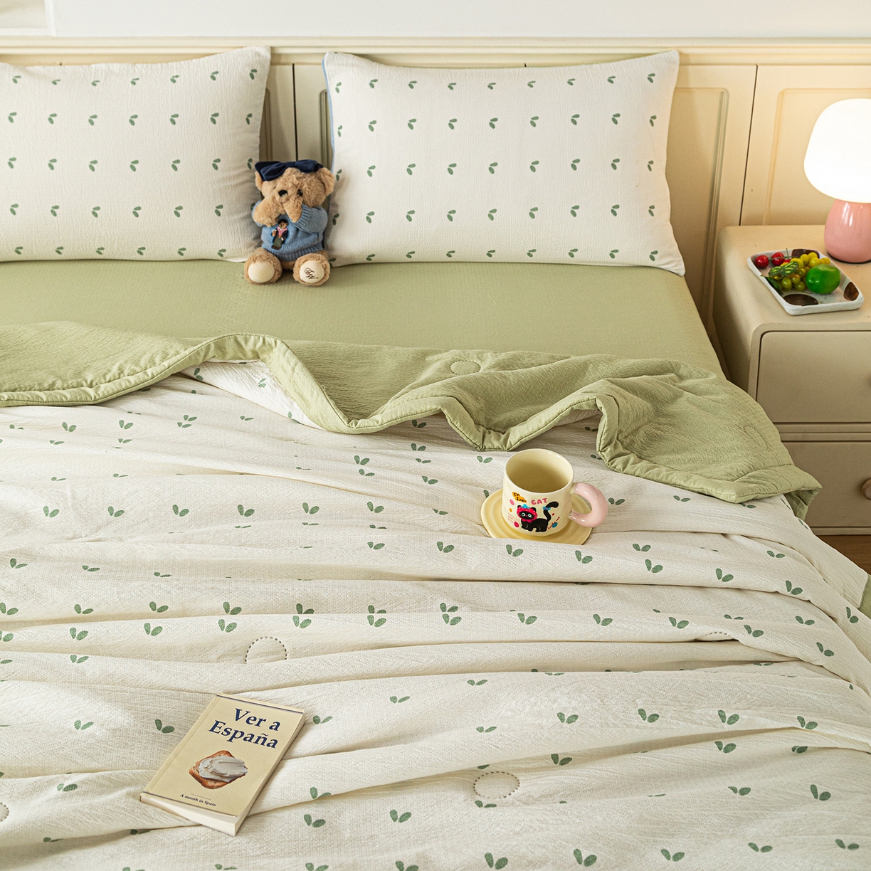 91家纺网 家纺一手货源 找家纺 几禾 2026新款A类云感双层纱夏被木棉皱皱纱棉花被小清新印花夏被夏凉被费尔岛空调被 嫩芽