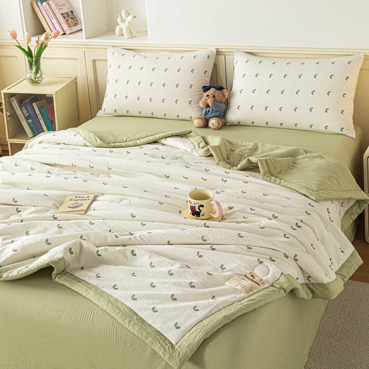 91家纺网 家纺一手货源 找家纺 几禾 2026新款A类云感双层纱夏被木棉皱皱纱棉花被小清新印花夏被夏凉被费尔岛空调被 嫩芽