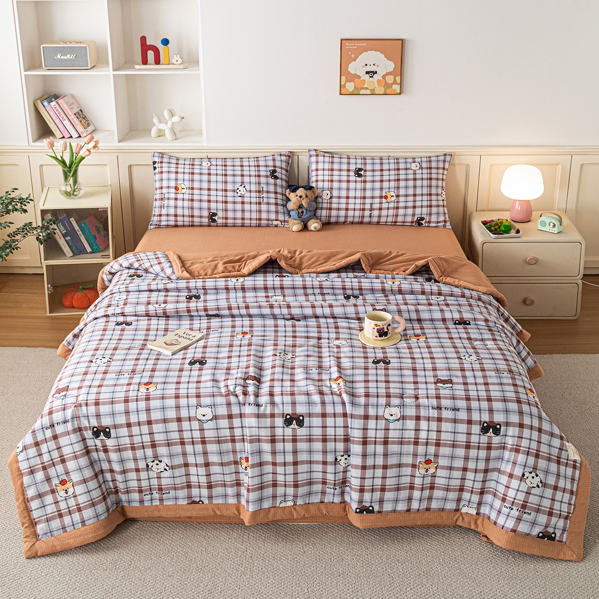 91家纺网 家纺一手货源 找家纺 几禾 2026新款A类云感双层纱夏被木棉皱皱纱棉花被小清新印花夏被夏凉被费尔岛空调被 可可小狗