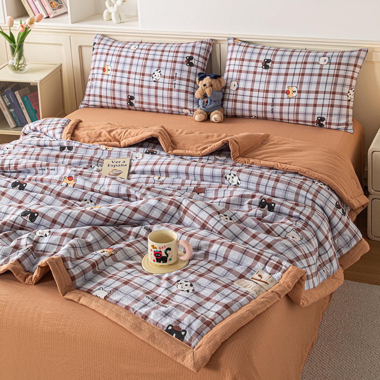 91家纺网 家纺一手货源 找家纺 几禾 2026新款A类云感双层纱夏被木棉皱皱纱棉花被小清新印花夏被夏凉被费尔岛空调被 可可小狗