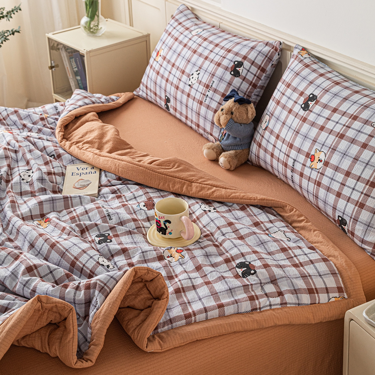 91家纺网 家纺一手货源 找家纺 几禾 2026新款A类云感双层纱夏被木棉皱皱纱棉花被小清新印花夏被夏凉被费尔岛空调被 可可小狗