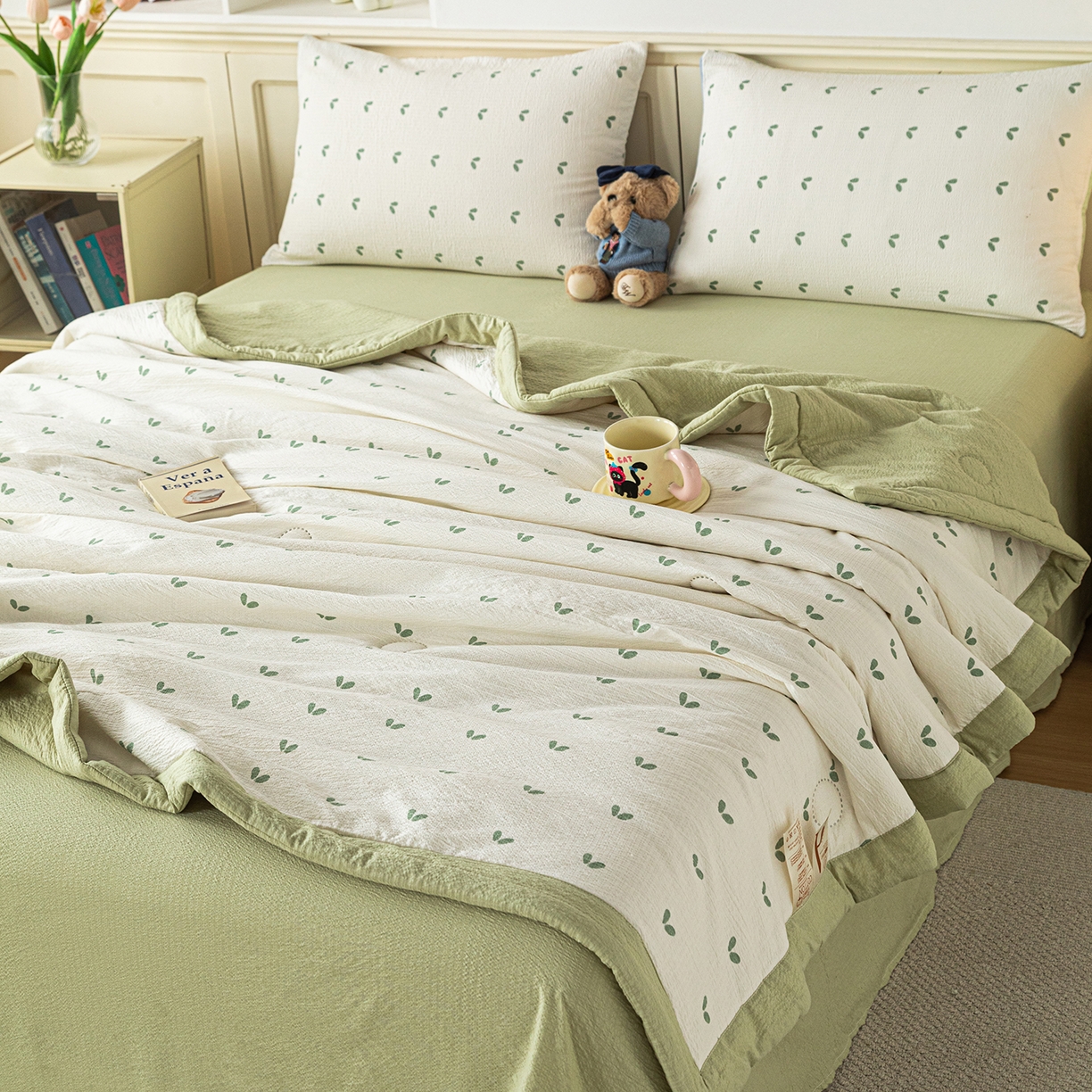 91家纺网 家纺一手货源 找家纺 几禾 2026新款A类云感双层纱夏被木棉皱皱纱棉花被小清新印花夏被夏凉被费尔岛空调被 嫩芽