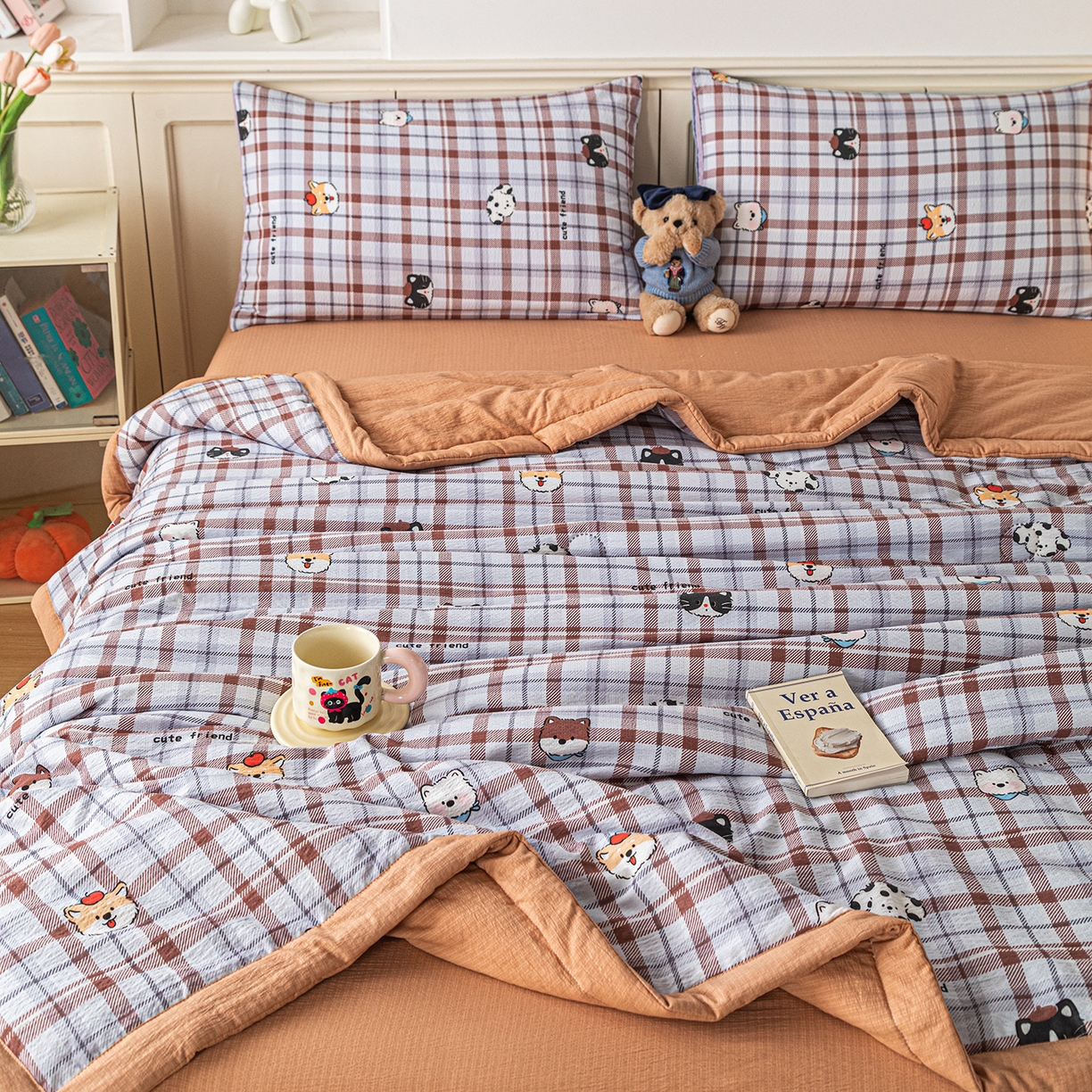 91家纺网 家纺一手货源 找家纺 几禾 2026新款A类云感双层纱夏被木棉皱皱纱棉花被小清新印花夏被夏凉被费尔岛空调被 可可小狗